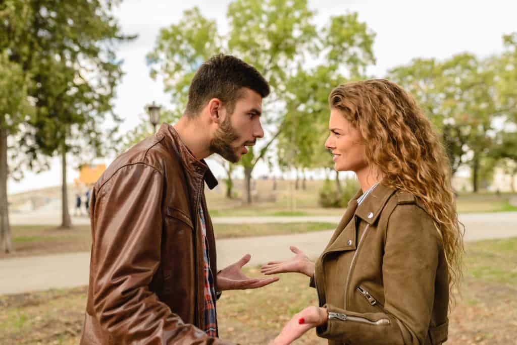 jeune couple, discuter, dans parc