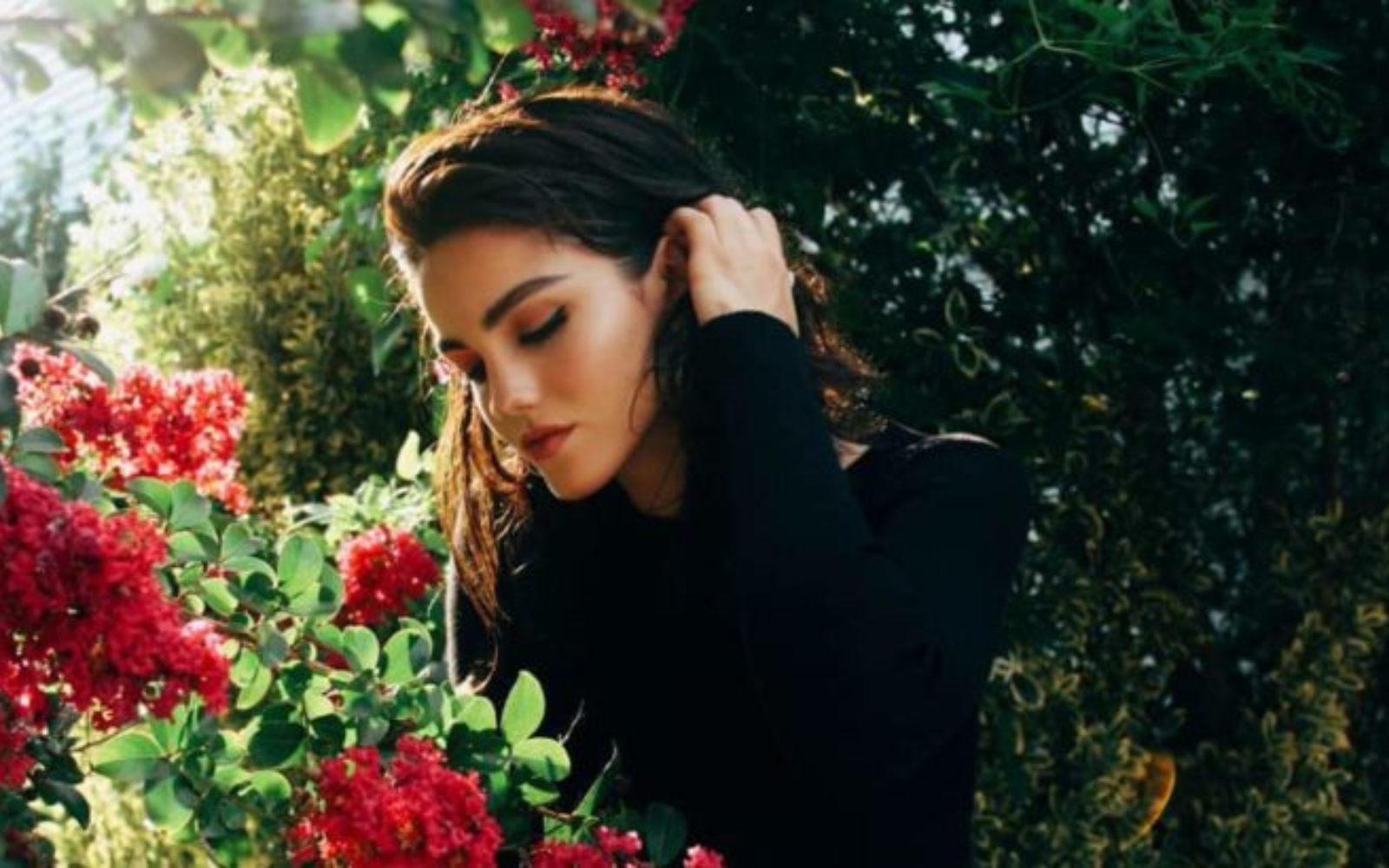 femme regardant des roses rouges