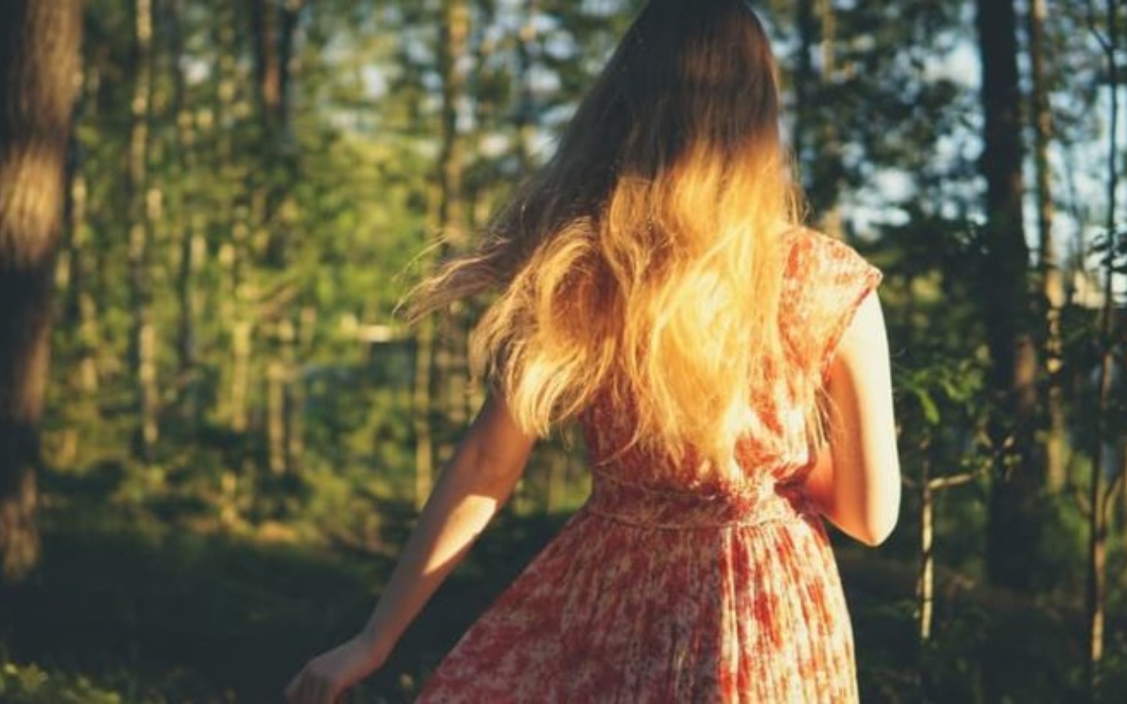 une femme en robe se promene dans les bois