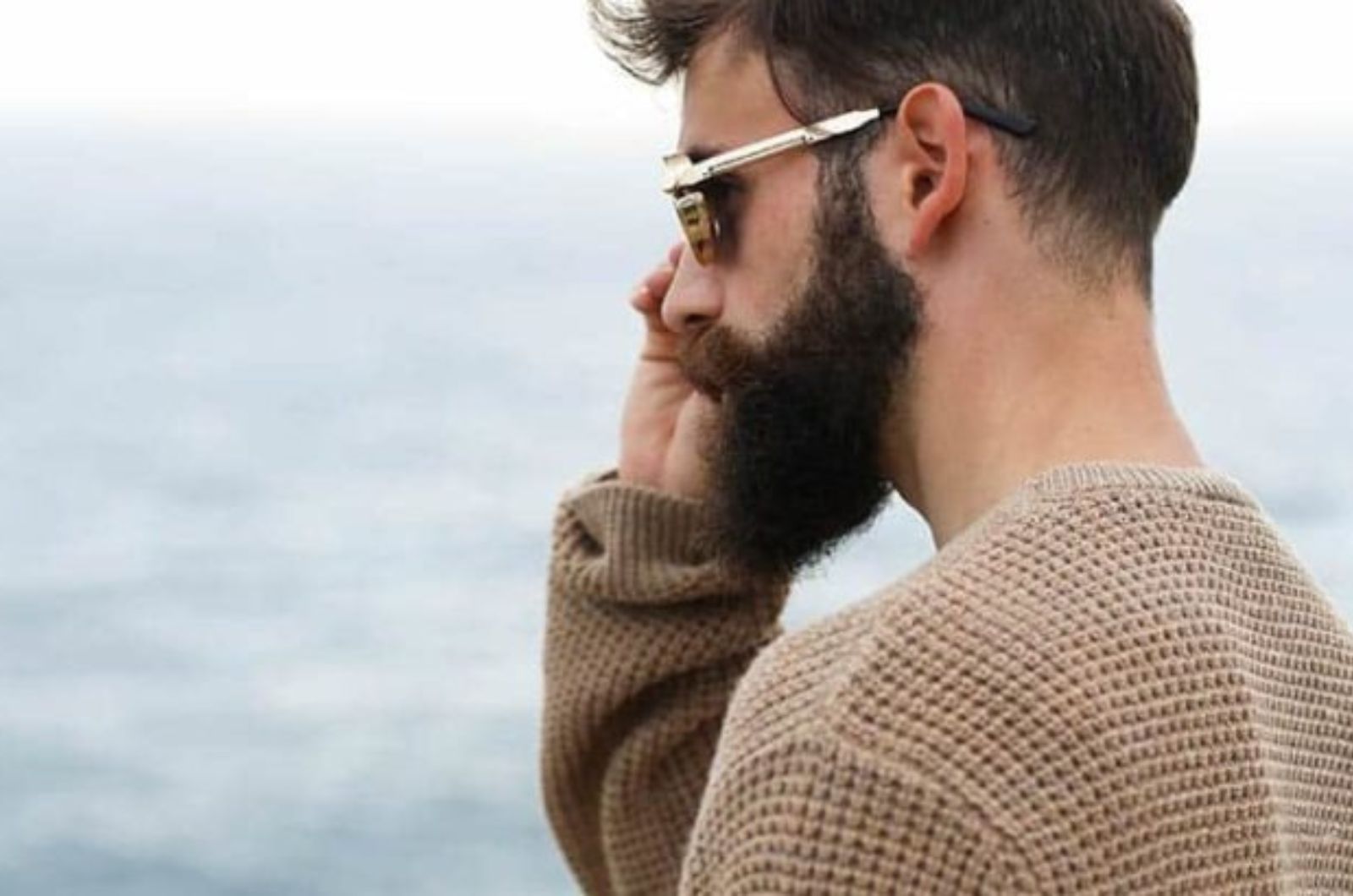 Vue laterale dun homme barbu portant des lunettes de soleil et un sweat shirt marron a lexterieur