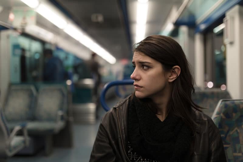 triste, femme, séance, train