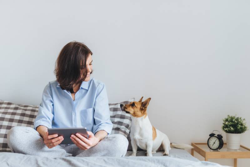 une femme en pyjama est assise sur le lit dans la chambre à coucher avec son chien