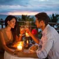 un homme et une femme assis à une table ayant un rendez-vous romantique