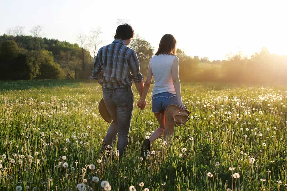 un couple aimant se tenant la main et marchant dans un pré