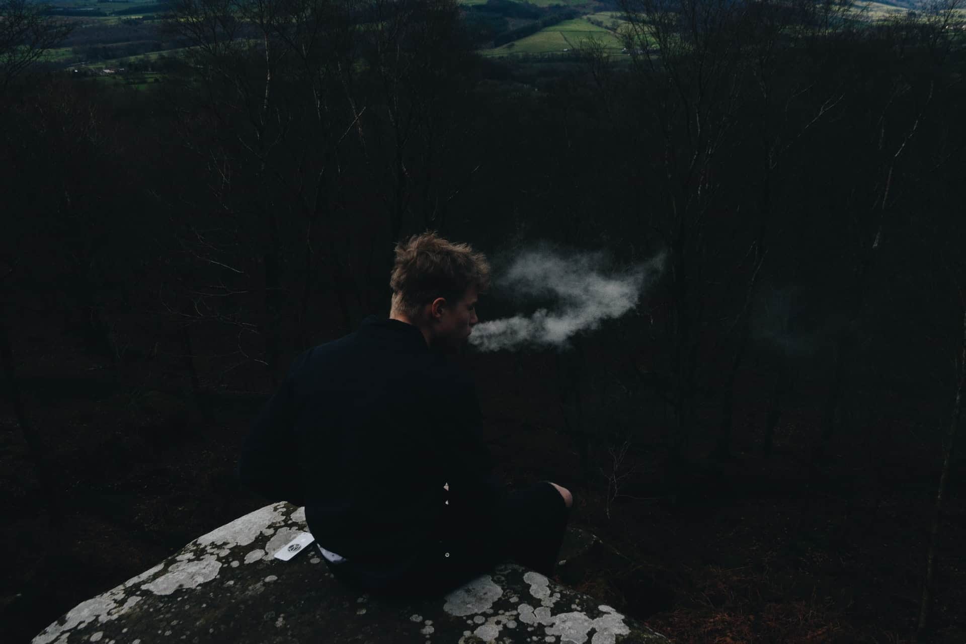 un homme est assis sur un rocher dans les bois et fume