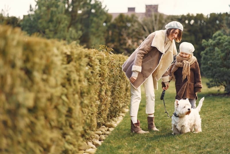 une fille avec sa mère et un chien blanc en promenade