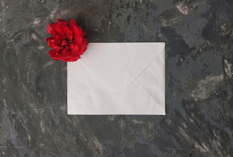 une lettre d'amour à côté de laquelle se trouve une fleur rouge