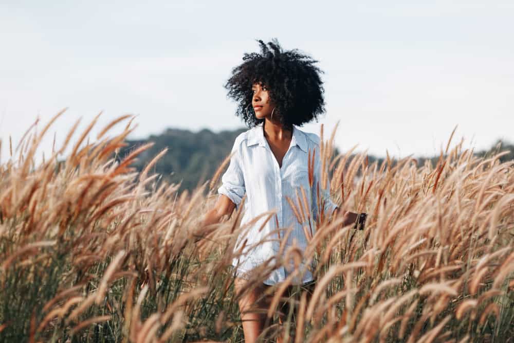 une femme aux cheveux crépus dans un champ de blé