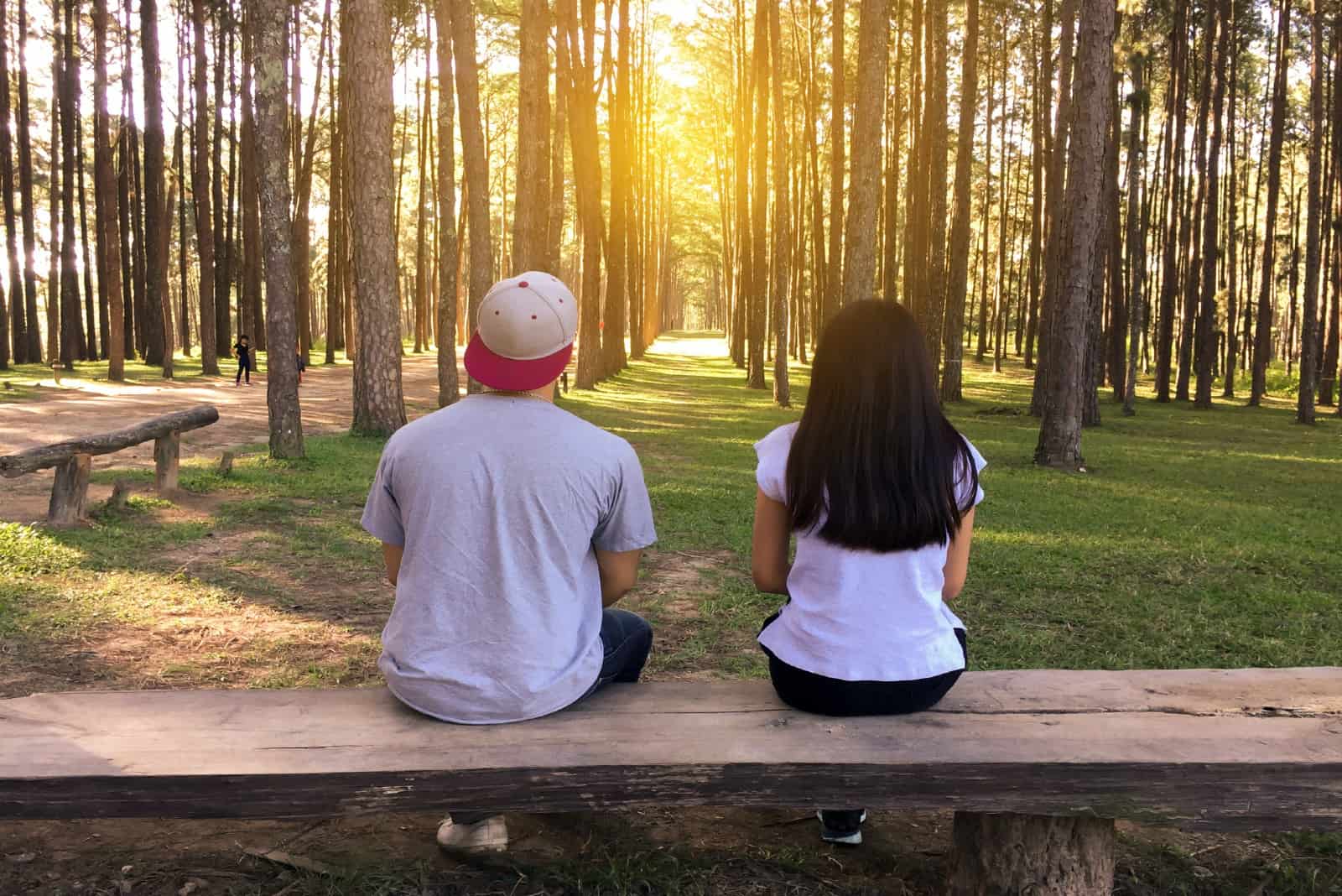 homme et femme assis sur un banc en forêt