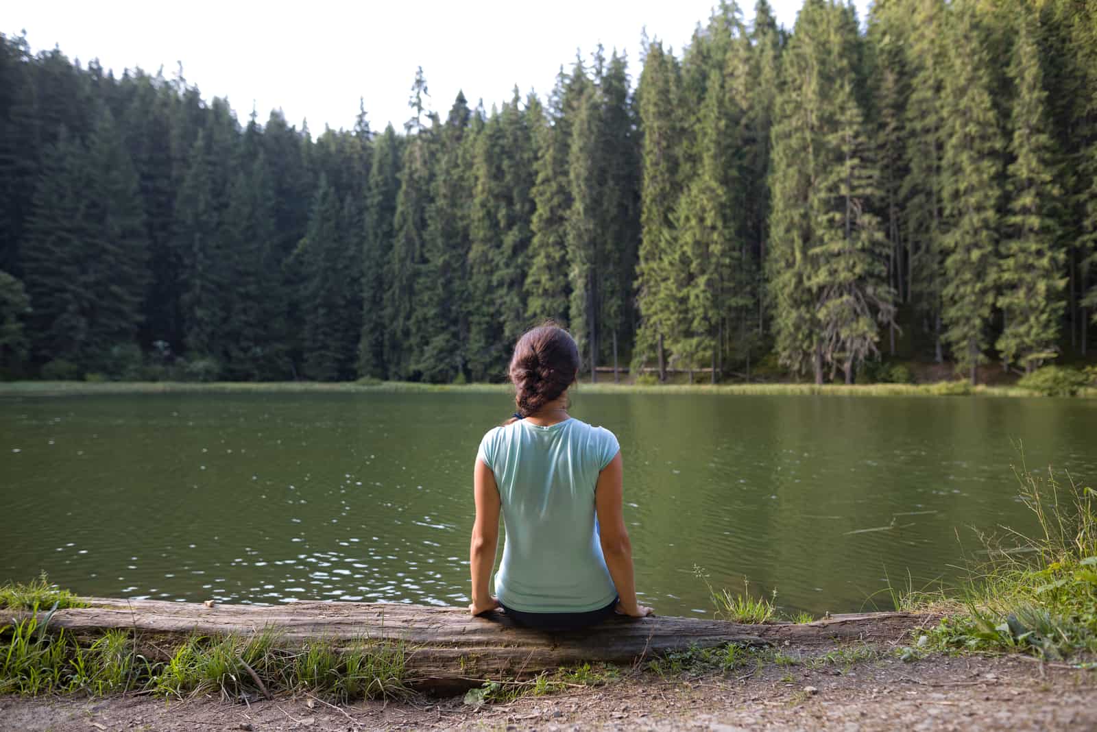 une femme assise sur un arbre au bord du lac