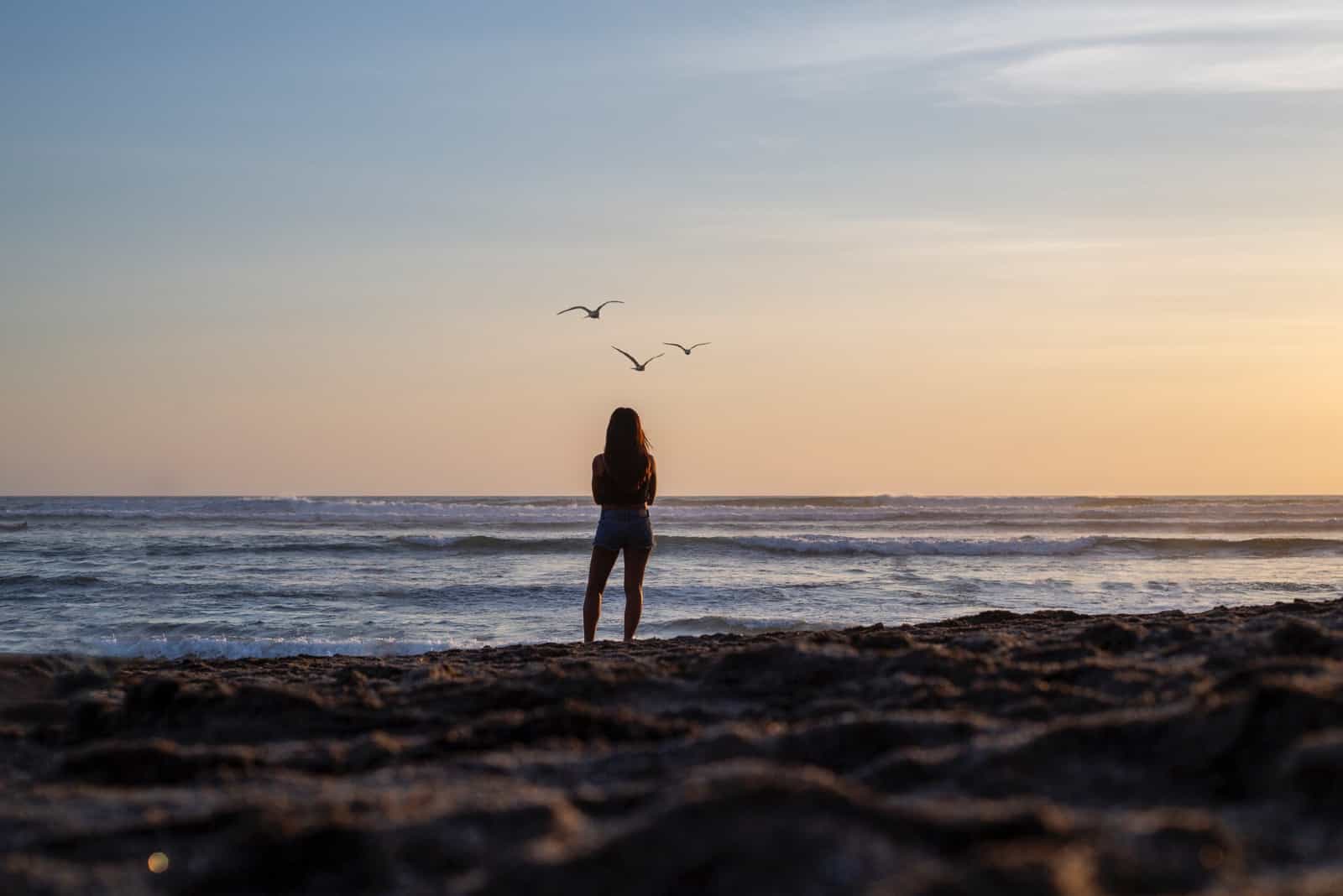 femme regardant la mer pendant le coucher du soleil