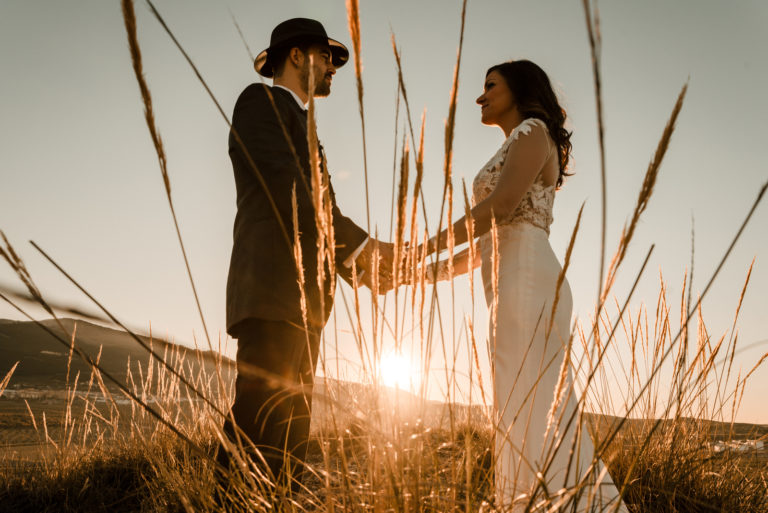 un homme et une femme se tenant la main dans un champ de blé