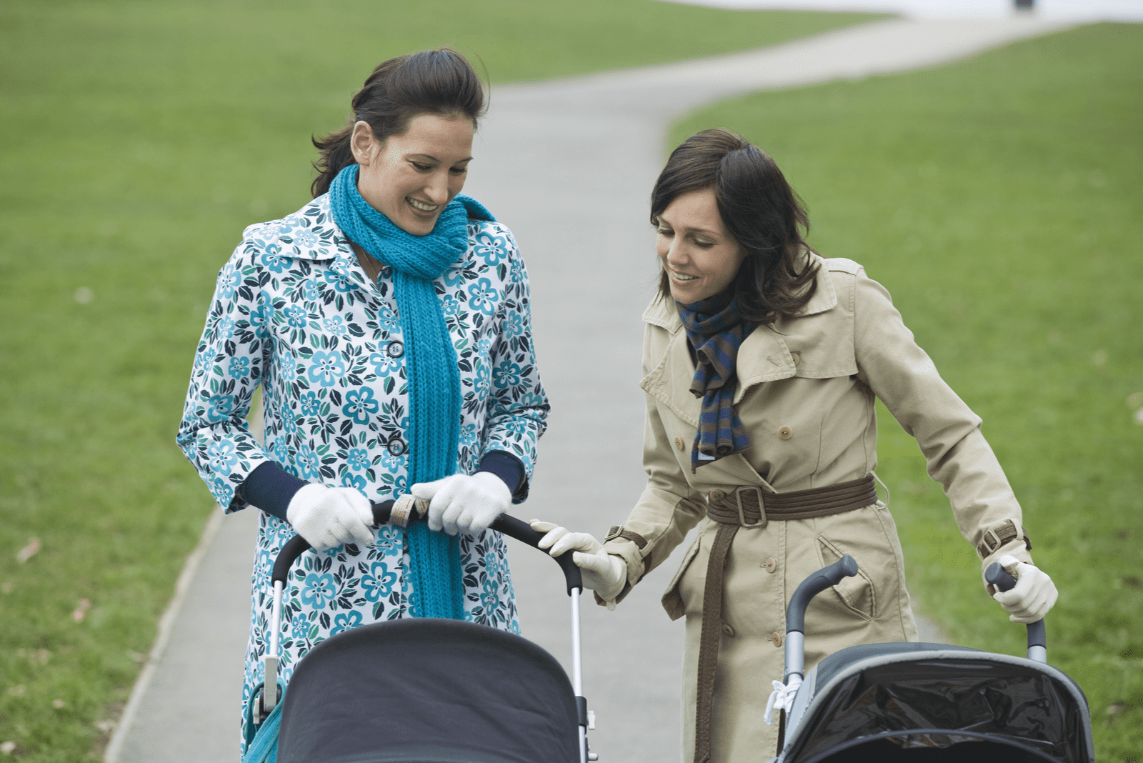deux femmes marchant dans le parc conduisant des enfants en fauteuil roulant
