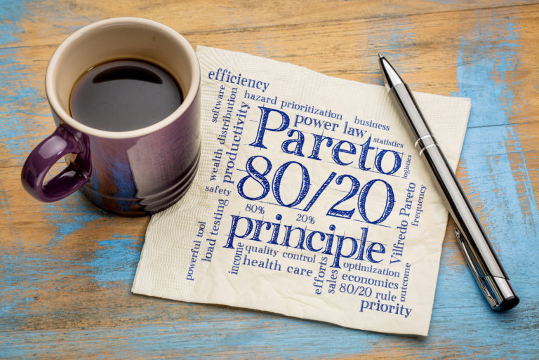 Principe de Pareto ou règle quatre-vingt-vingt - nuage de mots sur une serviette avec une tasse de café