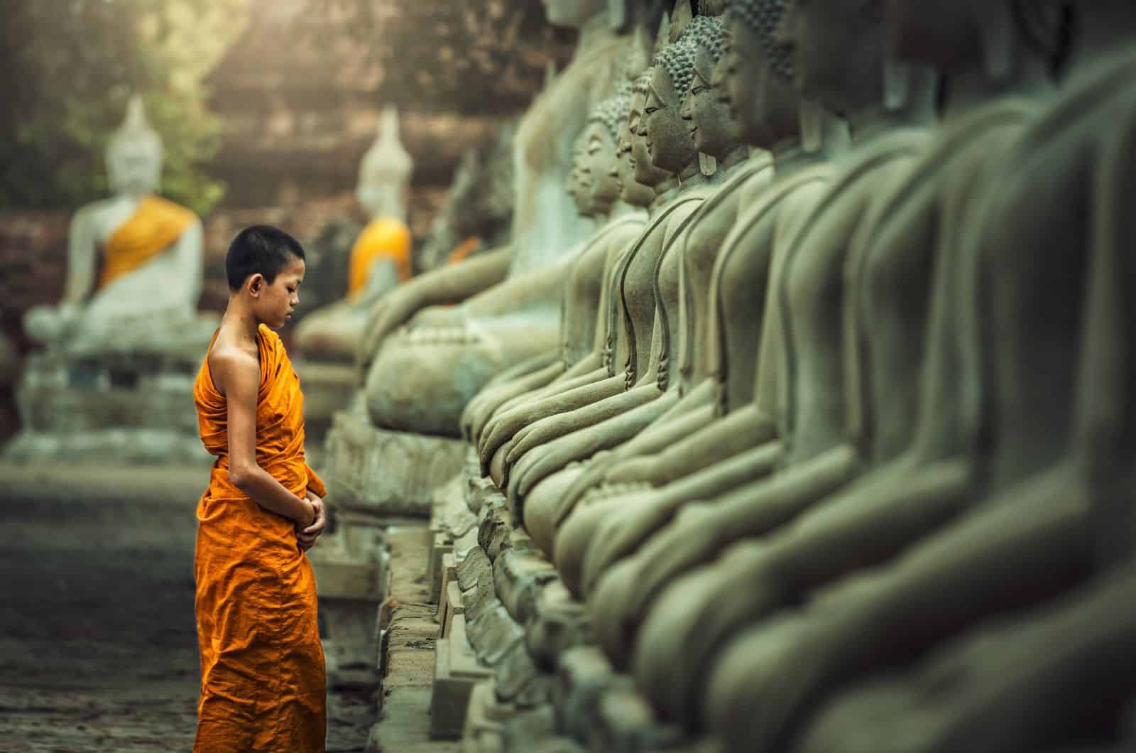 garçon debout devant des statues de bouddha