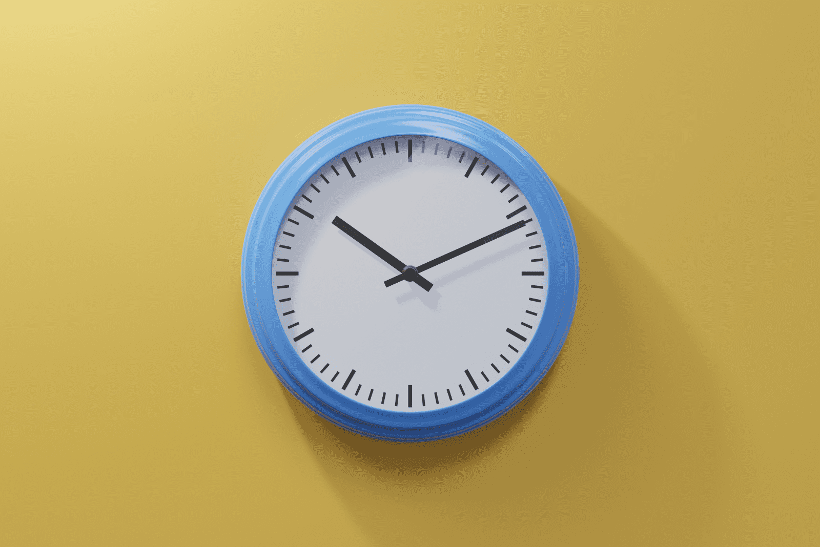 une horloge bleue sur un mur jaune 