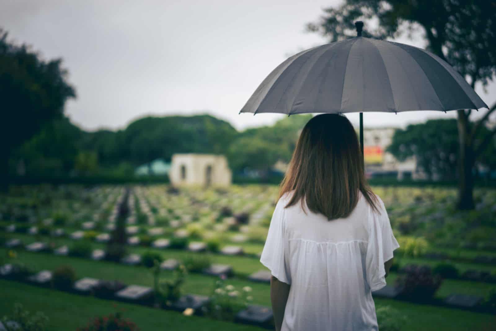 Jeune femme tenant un parapluie noir en deuil au cimetière