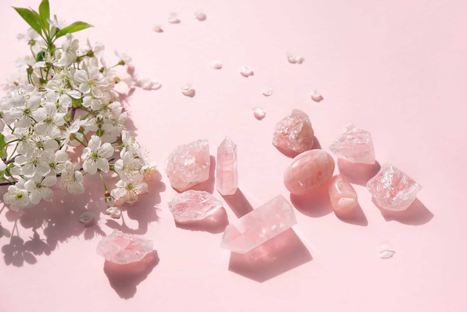 Ensemble de minéraux de quartz rose et fleurs blanches sur fond rose