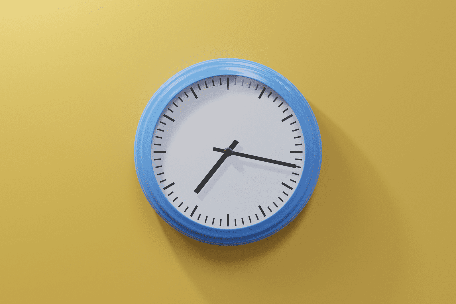 une horloge bleue sur un mur jaune 